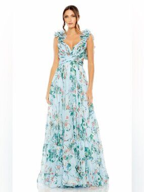 Mac Duggal Blue Chiffon V-Neck Sleeveless Cut-Out Lace Up Back Gown